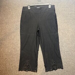 Womens 12 Black Lace Embroidered Hem Cropped Pants Pull On Capri Boho Stretch